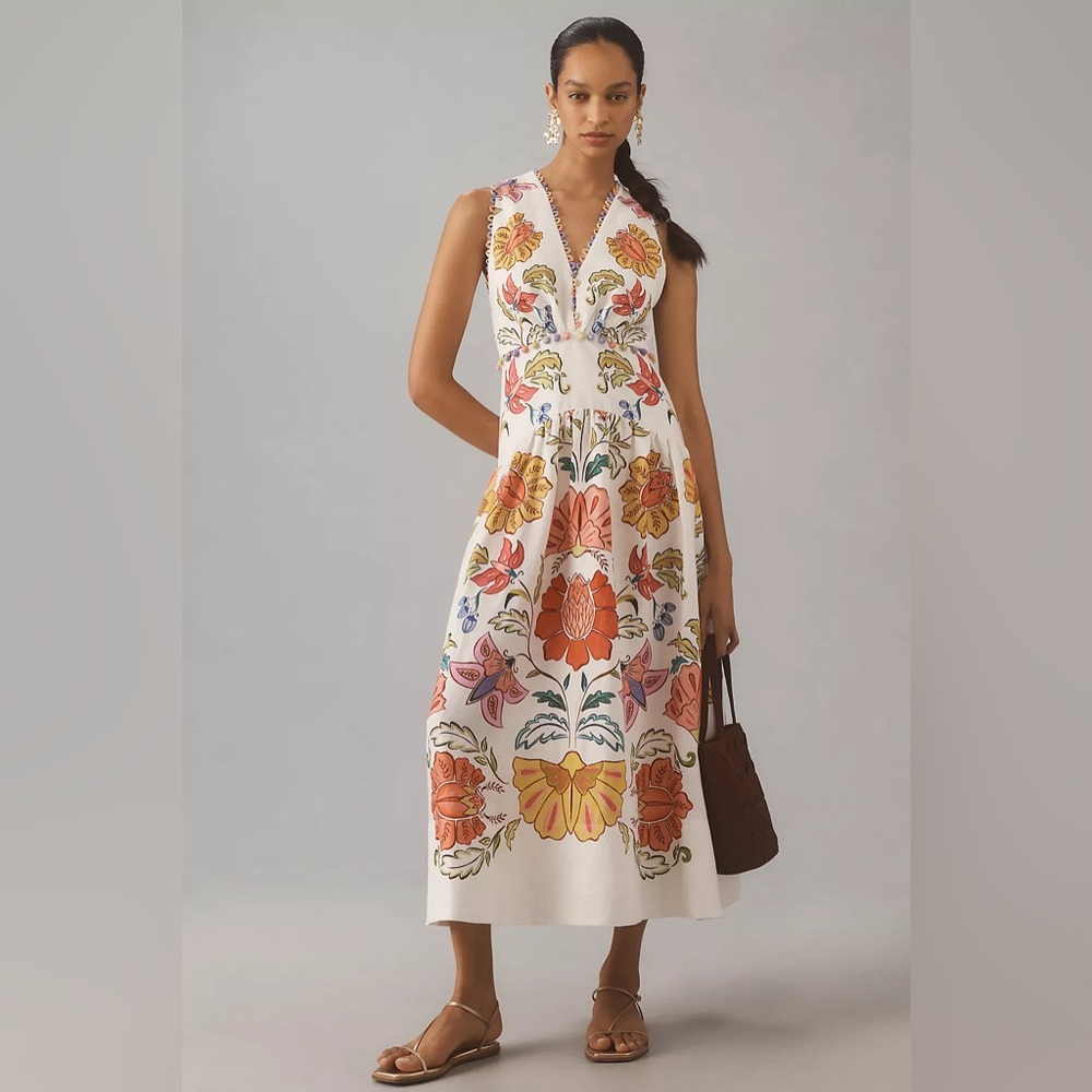 Farm Rio Floral V-Neck Sleeveless Linen Maxi Dress Small